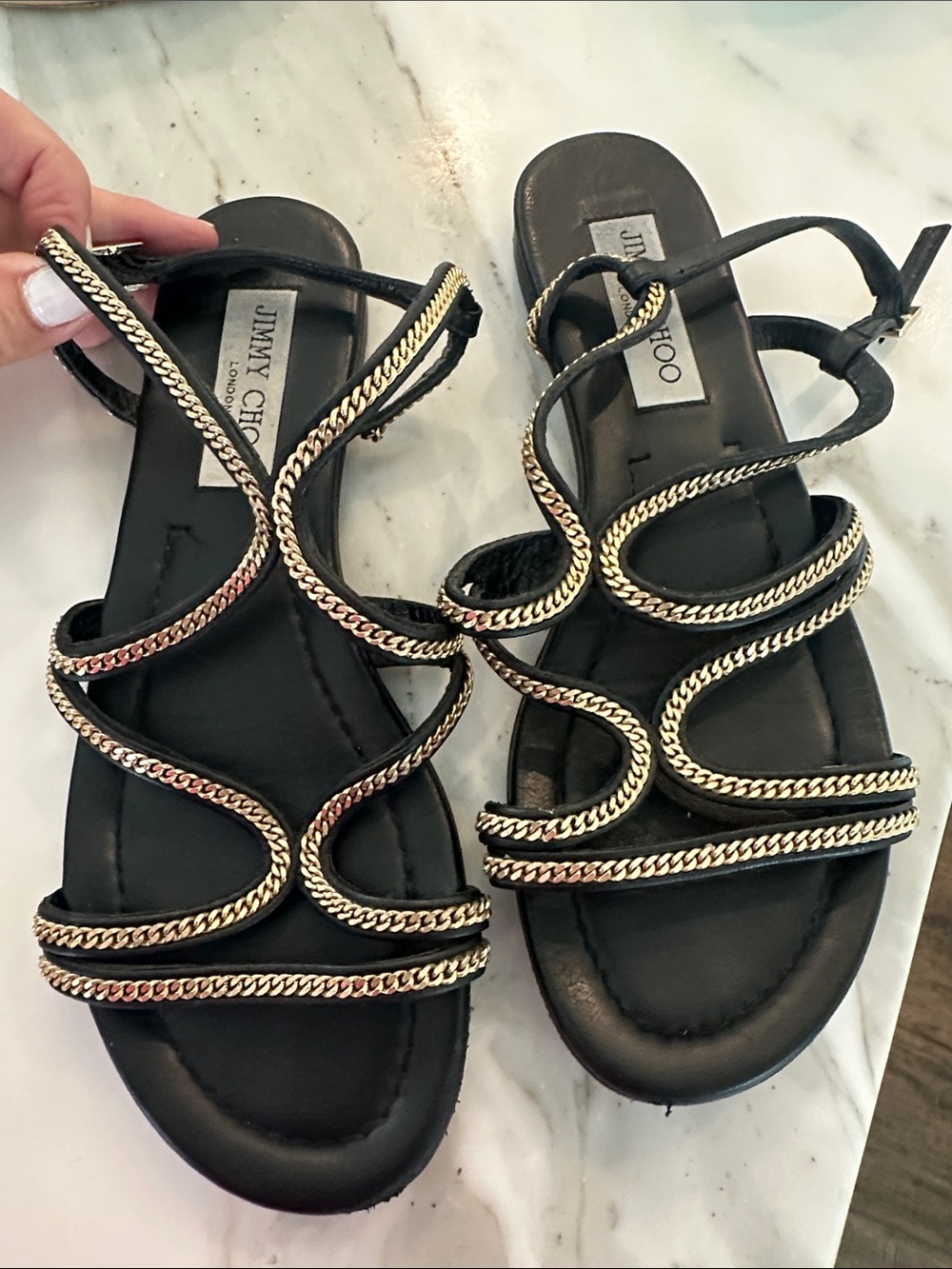 Jimmy Choo Black Leather Sandals with Gold Chain Detail